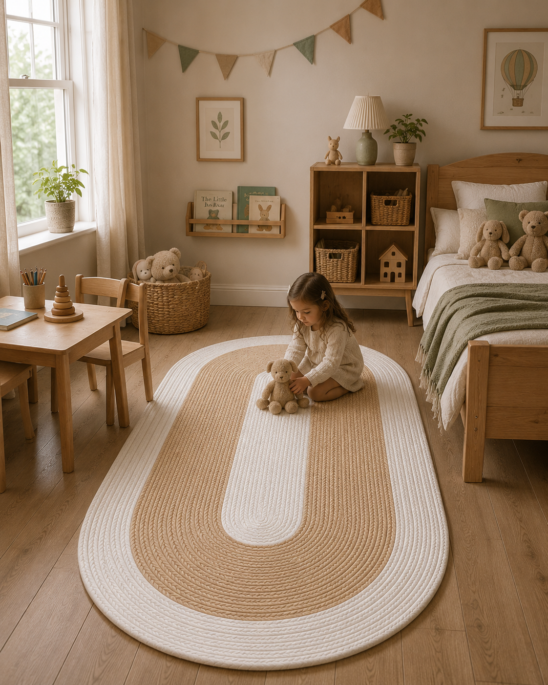 Natural Farmhouse Boho Oval Handwoven Jute Area Rug for Living Room, Bedroom & Entryway Rustic Indoor Floor Carpet (White Border)