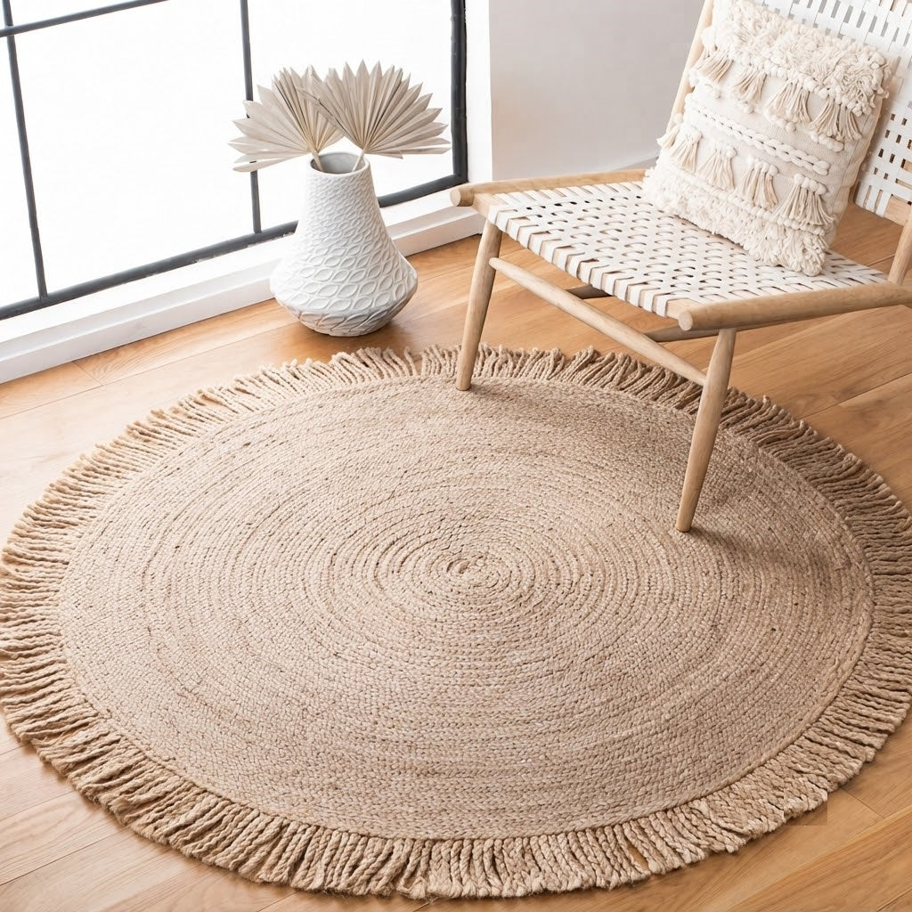 Round Shape Area Rug 100% Hand Braided Rustic Look Carpet for Home Decor Farmhouse Boho Rugs Mats With Fringes (Beige)