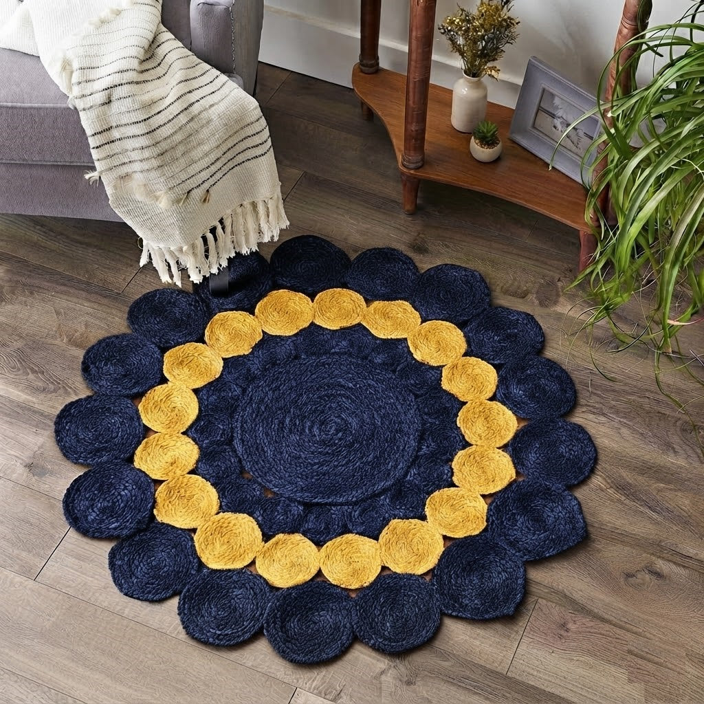 Jute Rug Round Shape Area Rug 100% Hand Braided Rustic Look Area Rug for Home Decor Farmhouse Boho Carpet Mats ( Blue & Yellow)