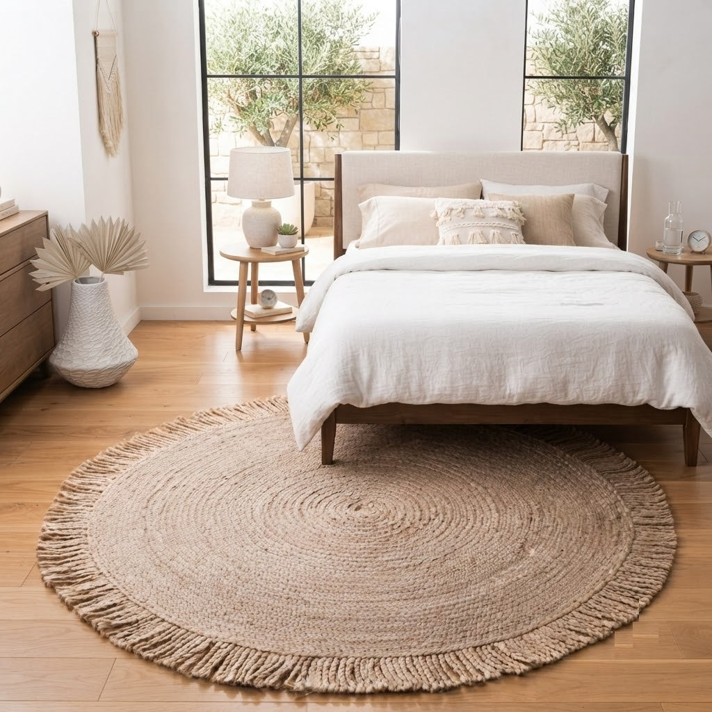 Round Shape Area Rug 100% Hand Braided Rustic Look Carpet for Home Decor Farmhouse Boho Rugs Mats With Fringes (Beige)