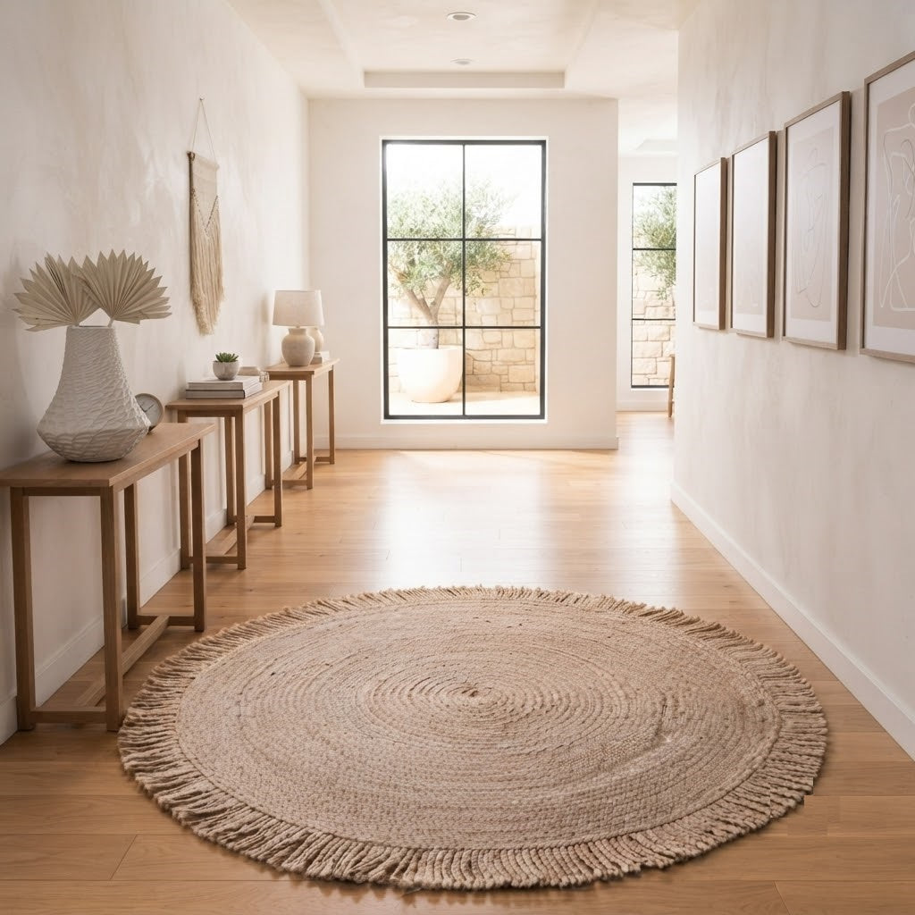 Round Shape Area Rug 100% Hand Braided Rustic Look Carpet for Home Decor Farmhouse Boho Rugs Mats With Fringes (Beige)