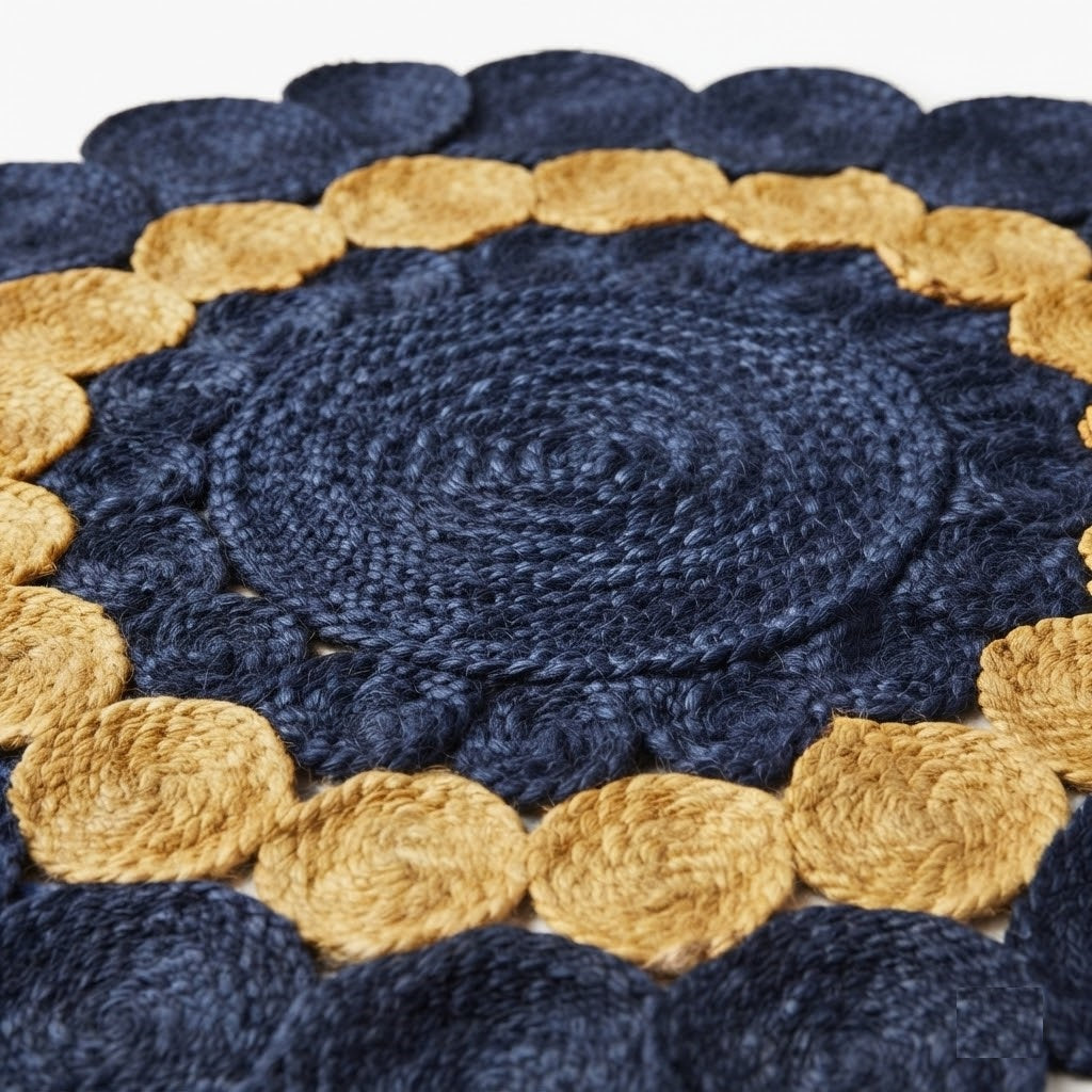 Jute Rug Round Shape Area Rug 100% Hand Braided Rustic Look Area Rug for Home Decor Farmhouse Boho Carpet Mats ( Blue & Yellow)