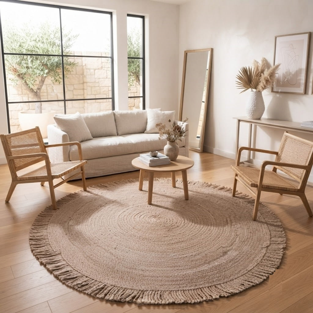 Round Shape Area Rug 100% Hand Braided Rustic Look Carpet for Home Decor Farmhouse Boho Rugs Mats With Fringes (Beige)