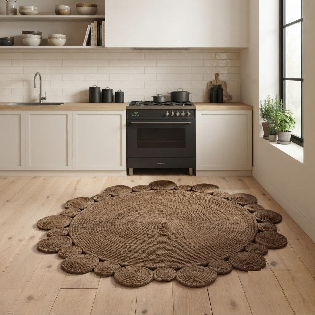 Round Shape Area Rug 100% Hand Braided Rustic Look Carpet for Home Decor Farmhouse Boho Scallop Rugs (Brown)