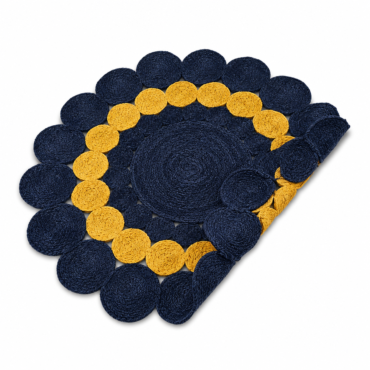 Jute Rug Round Shape Area Rug 100% Hand Braided Rustic Look Area Rug for Home Decor Farmhouse Boho Carpet Mats ( Blue & Yellow)