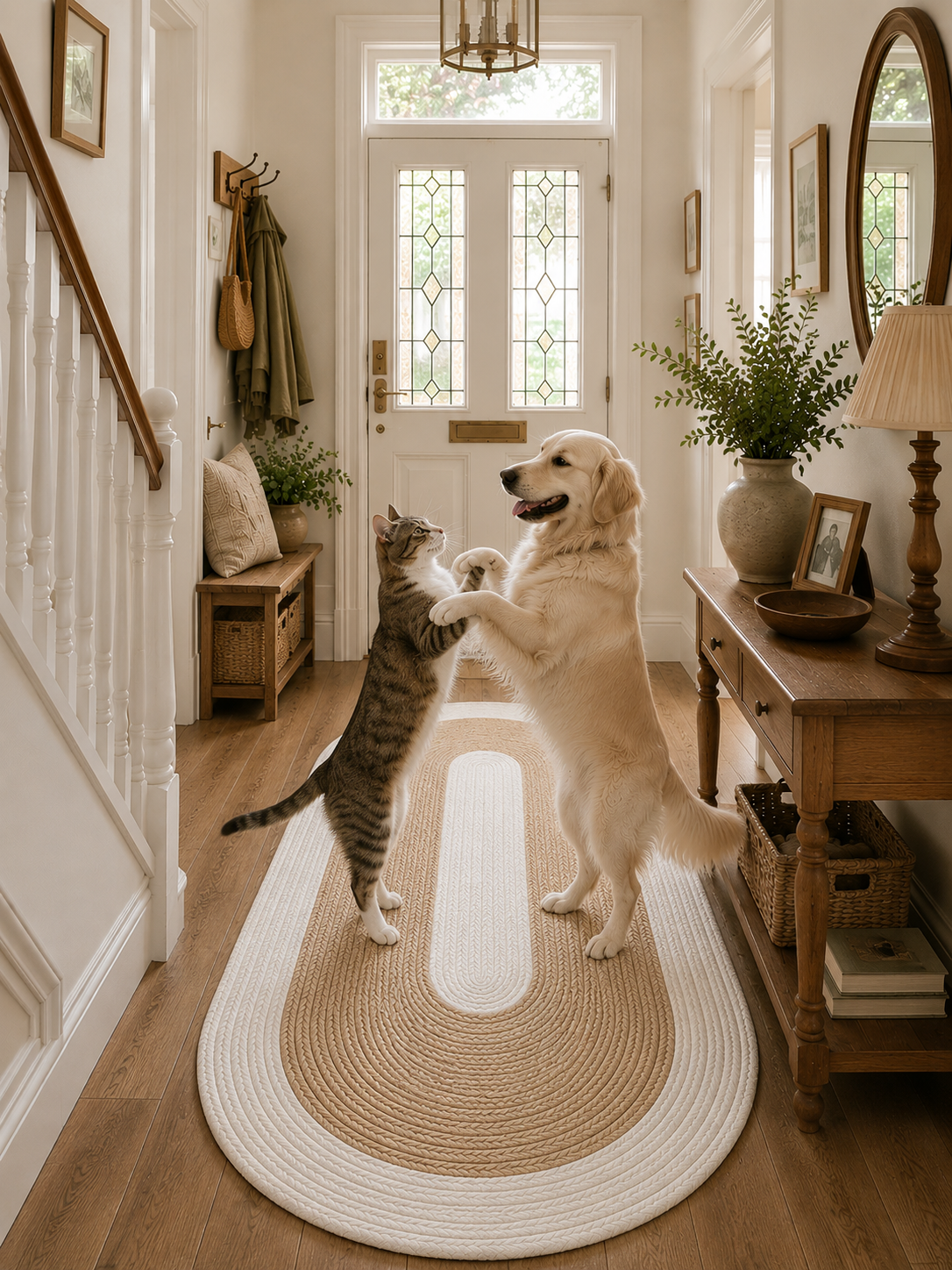 Natural Farmhouse Boho Oval Handwoven Jute Area Rug for Living Room, Bedroom & Entryway Rustic Indoor Floor Carpet (White Border)