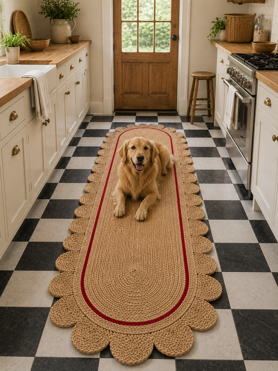 Oval Handwoven Jute Area Rug Natural Farmhouse Boho Rug for Living Room, Bedroom & Entryway Rustic Indoor Floor Scallop Carpet (Red Border)