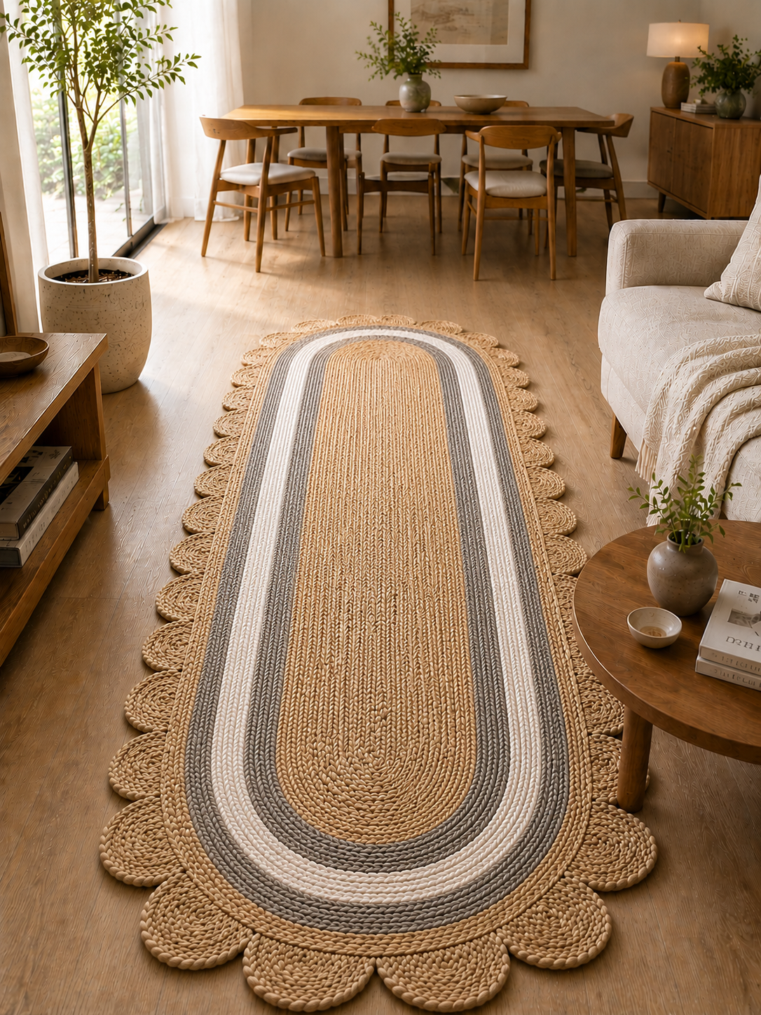 Oval Handwoven Jute Area Rug Natural Farmhouse Boho Rug for Living Room, Bedroom & Entryway Rustic Indoor Floor Scallop Carpet (Grey White Border)
