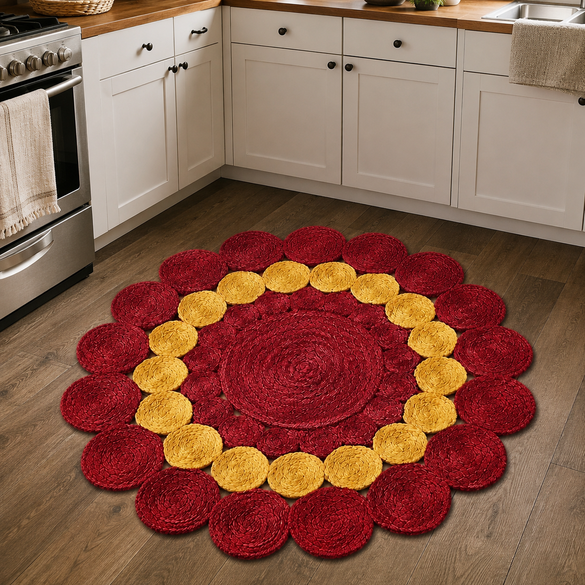Jute Rug Round Shape Area Rug 100% Hand Braided Rustic Look Area Rug for Home Decor Farmhouse Boho Carpet Mats ( Red & Yellow)