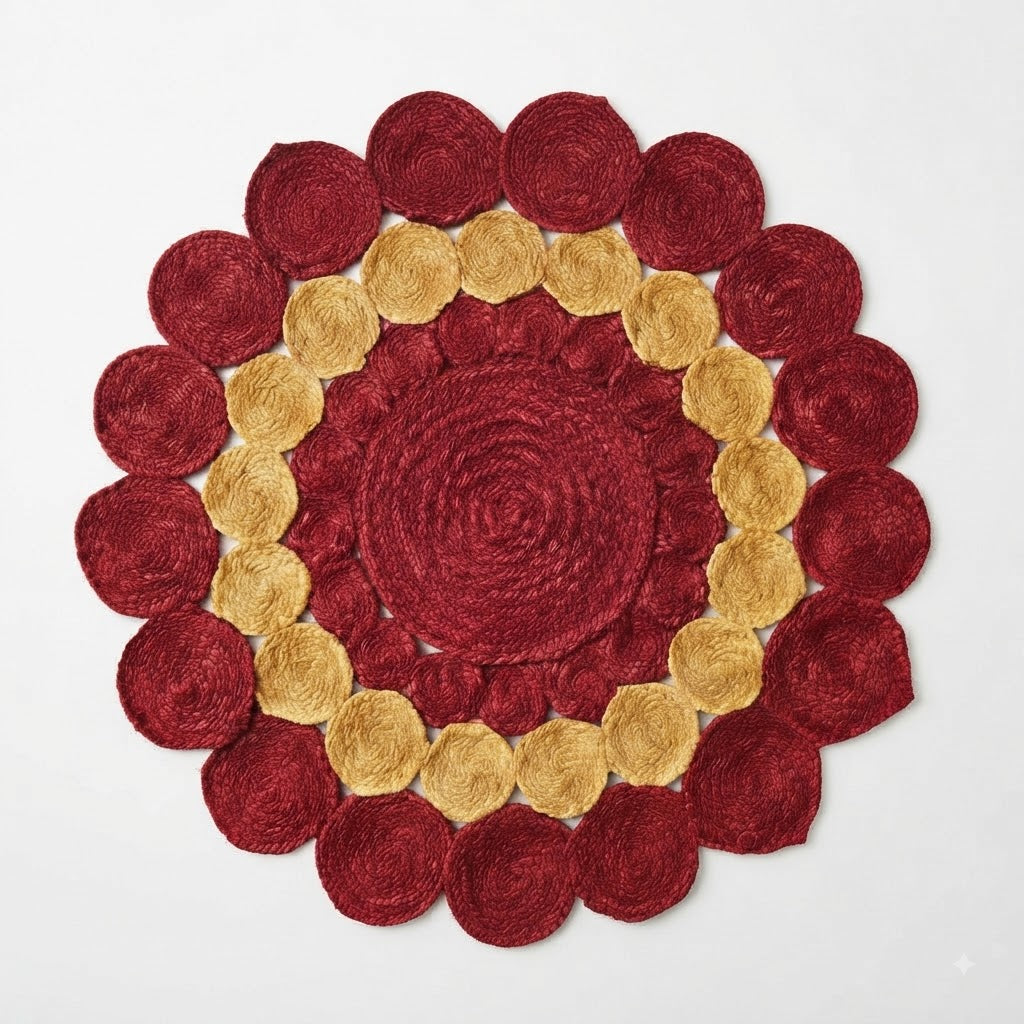 Jute Rug Round Shape Area Rug 100% Hand Braided Rustic Look Area Rug for Home Decor Farmhouse Boho Carpet Mats ( Red & Yellow)