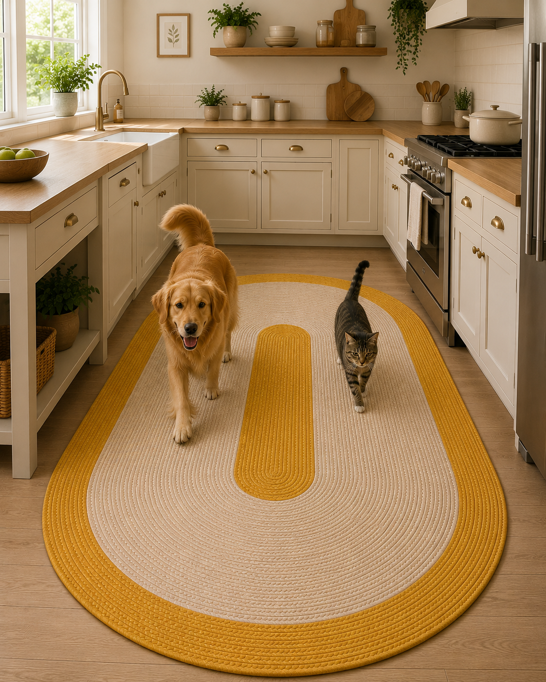 Natural Farmhouse Boho Oval Handwoven Jute Area Rug for Living Room, Bedroom & Entryway Rustic Indoor Floor Carpet (Yellow Border)