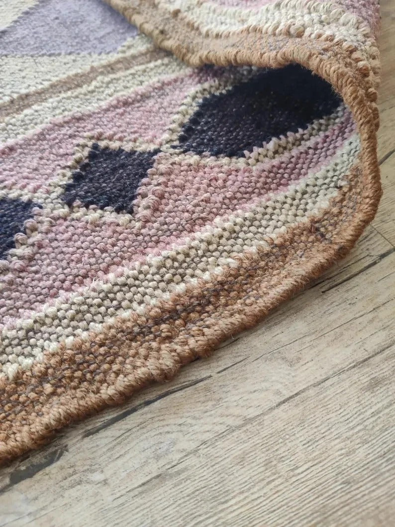 Handmade Kilim Boho Mats Wool Durable Rustic Look Boho Area Carpet Farmhouse Rectangle Jute Rug