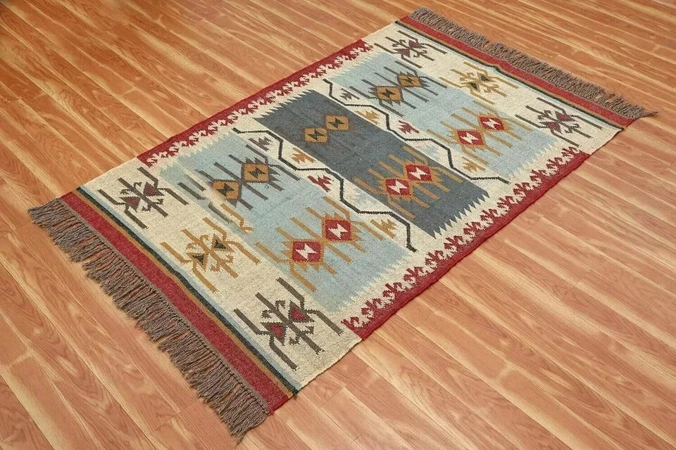 Durable Rustic Look Farmhouse Rectangle Jute Rug Handmade Kilim Boho Mats Wool Boho Area Carpet