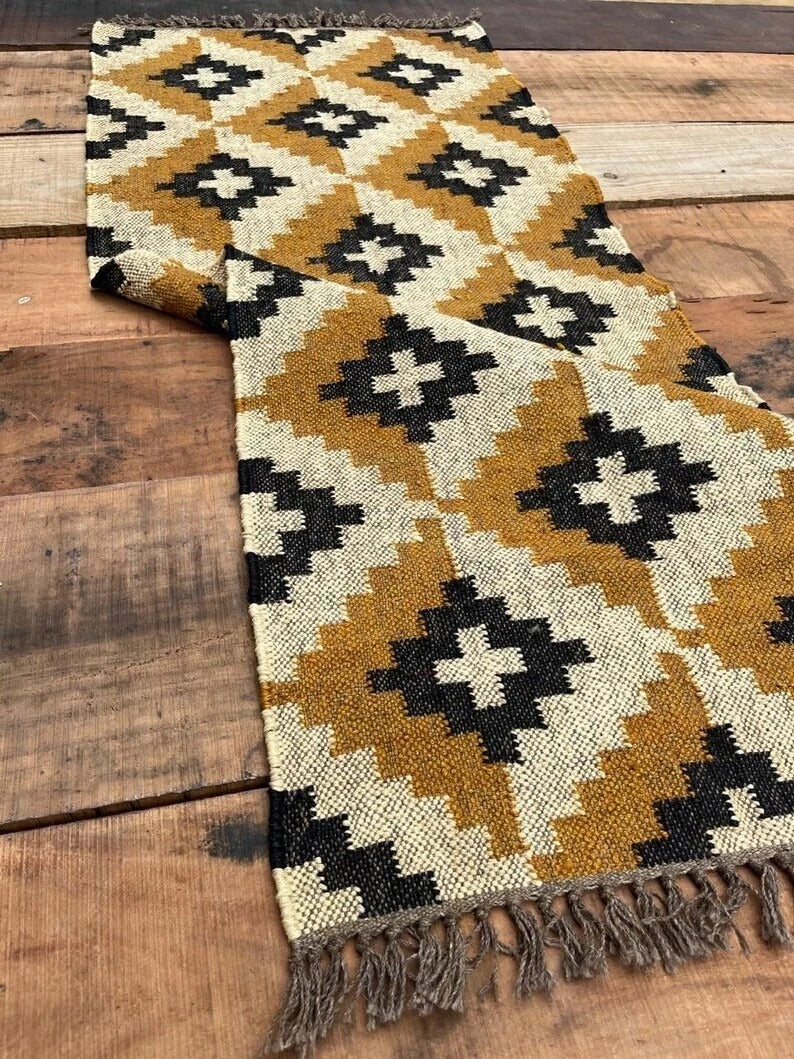 Handmade Kilim Durable Rustic Look Farmhouse Rectangle Jute Rug Boho Mats Wool Boho Area Carpet