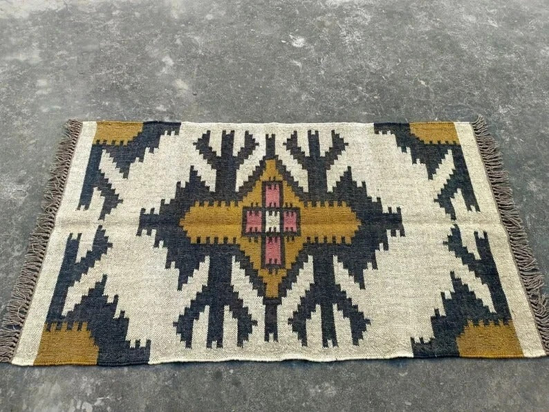 Handmade Kilim Durable Rustic Look Rectangle Jute Rug Boho Mats Wool Boho Area Farmhouse Carpet