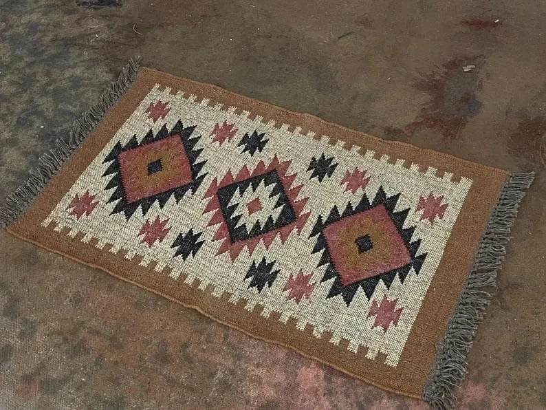 Handmade Kilim Durable Rustic Look Jute Rug Boho Mats Wool Boho Rectangle Farmhouse Area Carpet