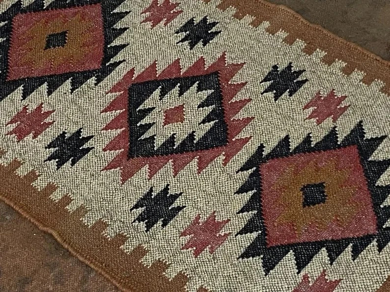 Handmade Kilim Durable Rustic Look Jute Rug Boho Mats Wool Boho Rectangle Farmhouse Area Carpet