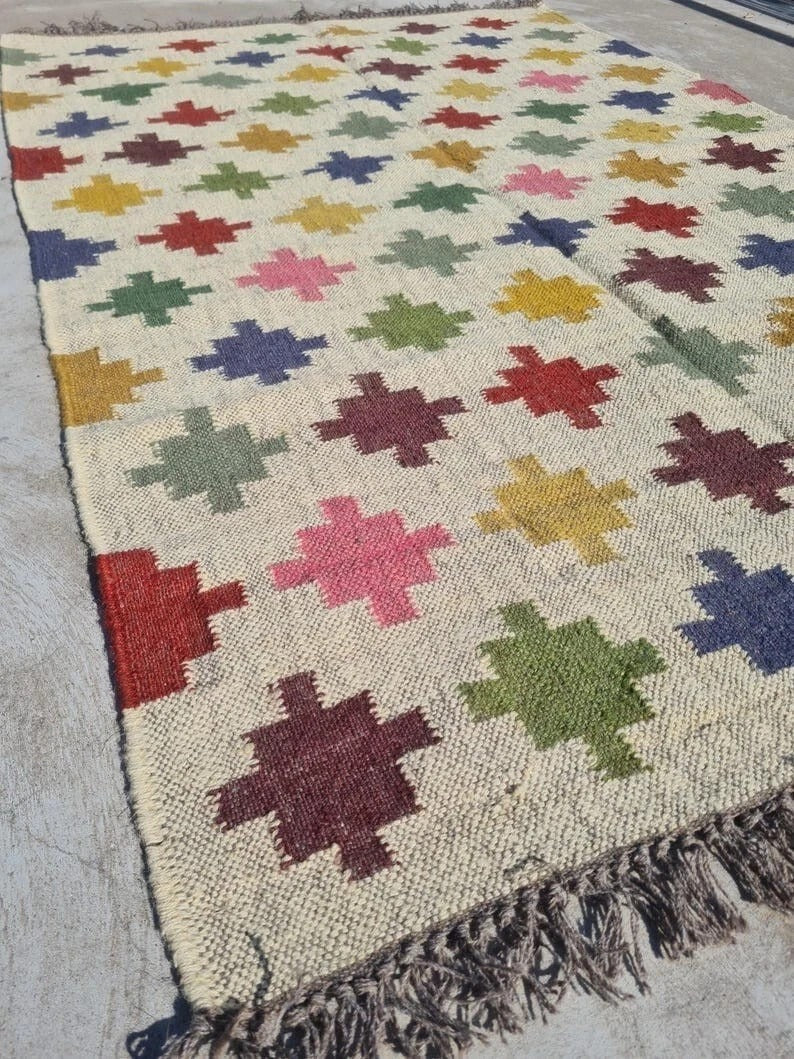 Handmade Kilim Durable Rustic Look Jute Rug Boho Mats Wool Boho Rectangle Farmhouse Area Carpet