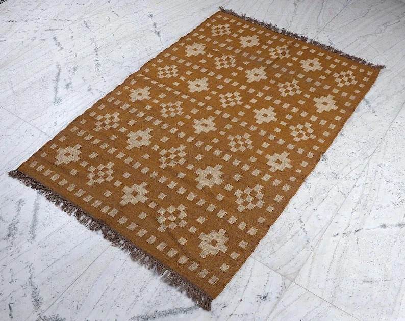 Handmade Kilim Durable Rustic Look Jute Rug Boho Mats Wool Boho Farmhouse Rectangle Area Carpet - Yellow