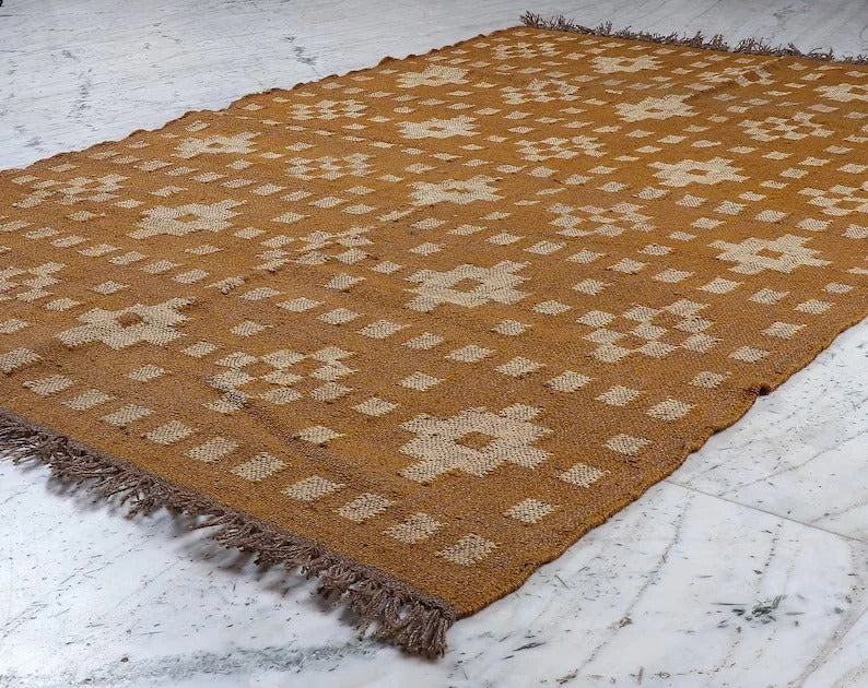 Handmade Kilim Durable Rustic Look Jute Rug Boho Mats Wool Boho Farmhouse Rectangle Area Carpet - Yellow