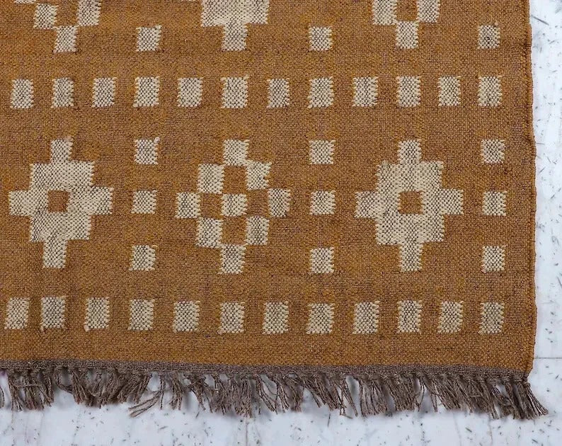 Handmade Kilim Durable Rustic Look Jute Rug Boho Mats Wool Boho Farmhouse Rectangle Area Carpet - Yellow