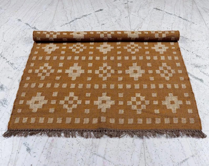 Handmade Kilim Durable Rustic Look Jute Rug Boho Mats Wool Boho Farmhouse Rectangle Area Carpet - Yellow