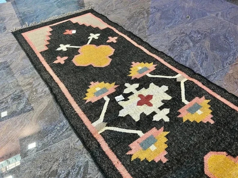 Kilim Durable Rustic Look Handmade Jute Rug Boho Mats Wool Boho Farmhouse Rectangle Area Carpet - Black