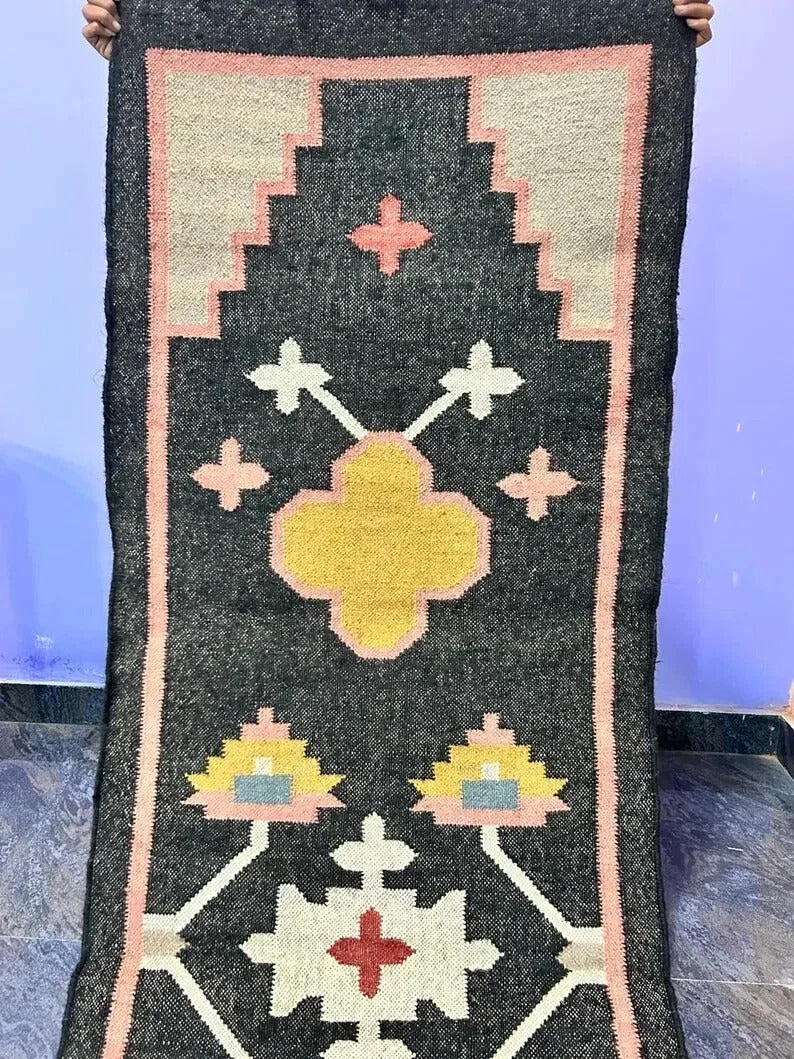 Kilim Durable Rustic Look Handmade Jute Rug Boho Mats Wool Boho Farmhouse Rectangle Area Carpet - Black
