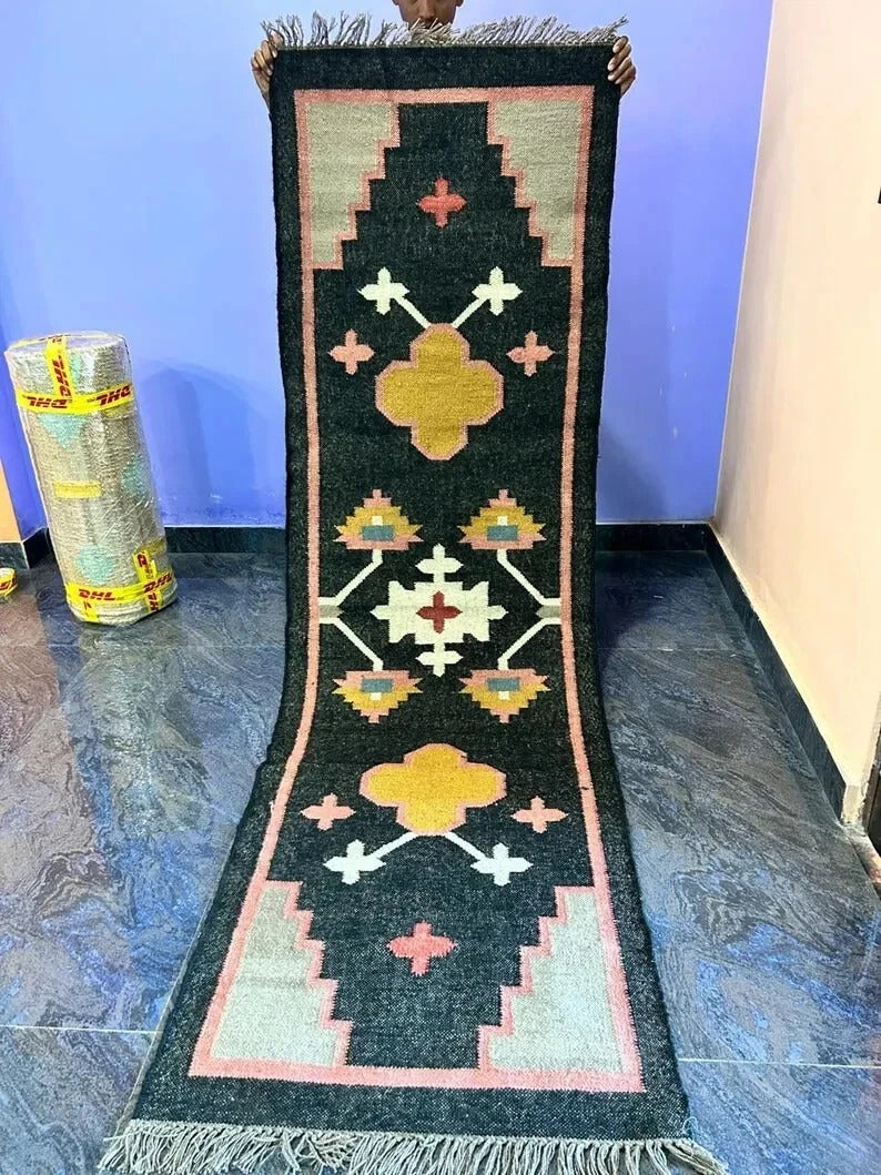 Kilim Durable Rustic Look Handmade Jute Rug Boho Mats Wool Boho Farmhouse Rectangle Area Carpet - Black