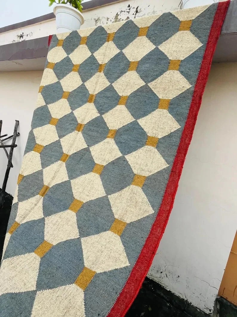 Handmade Jute Rug Kilim Durable Wool Boho Farmhouse Rectangle Area Carpet Rustic Look Boho Mats