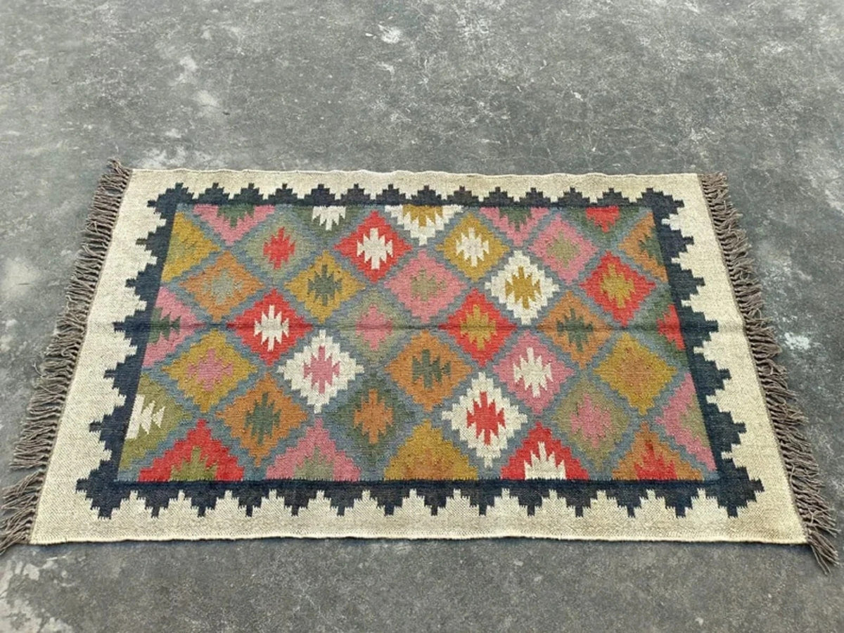 Rectangle Area Carpet Handmade Jute Rug Kilim Durable Wool Boho Farmhouse Rustic Look Boho Mats