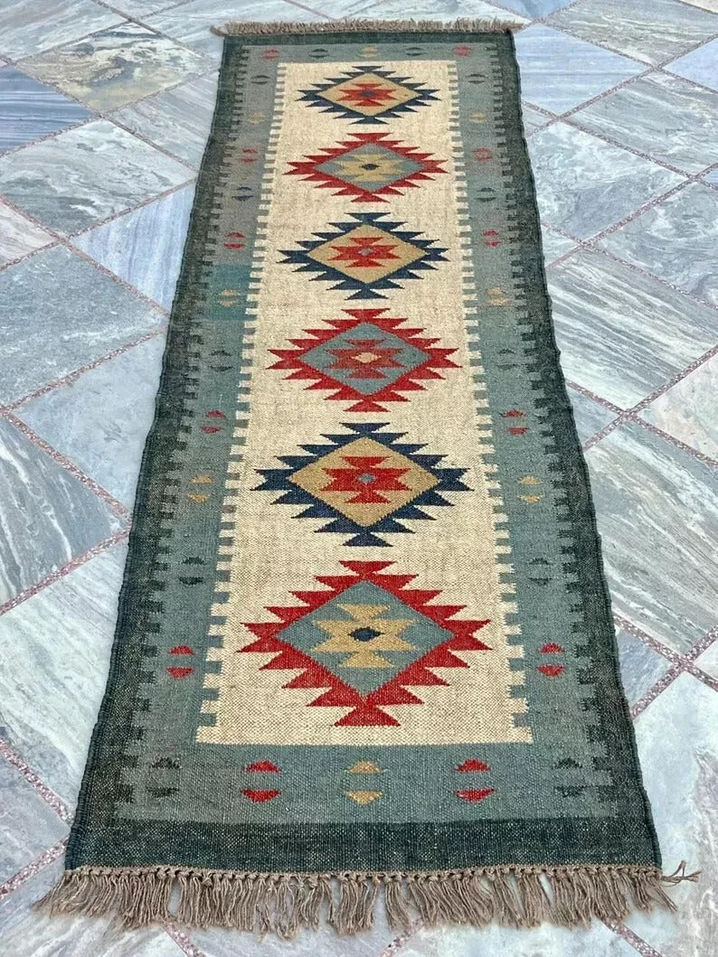 Rectangle Area Carpet Handmade Jute Rug Kilim Durable Wool Boho Farmhouse Rustic Look Boho Mats