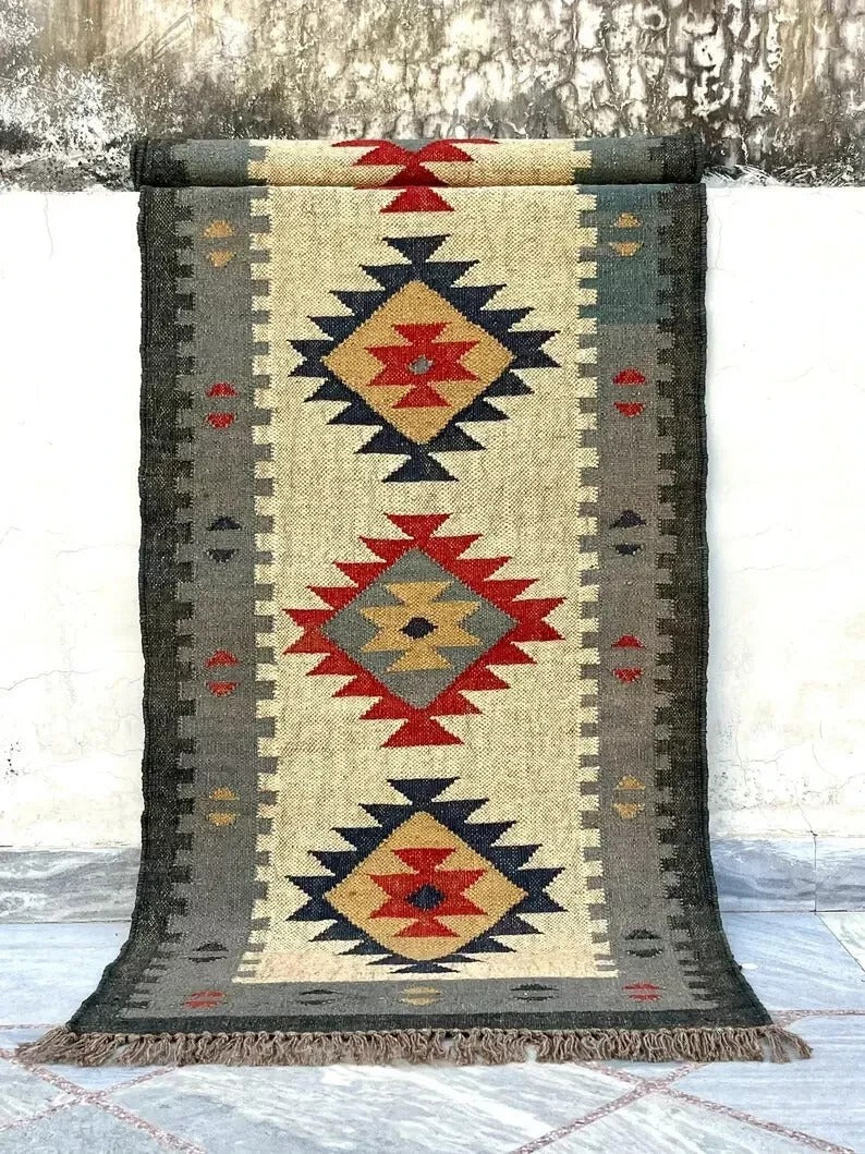 Rectangle Area Carpet Handmade Jute Rug Kilim Durable Wool Boho Farmhouse Rustic Look Boho Mats