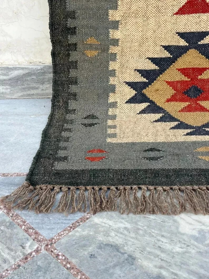 Rectangle Area Carpet Handmade Jute Rug Kilim Durable Wool Boho Farmhouse Rustic Look Boho Mats