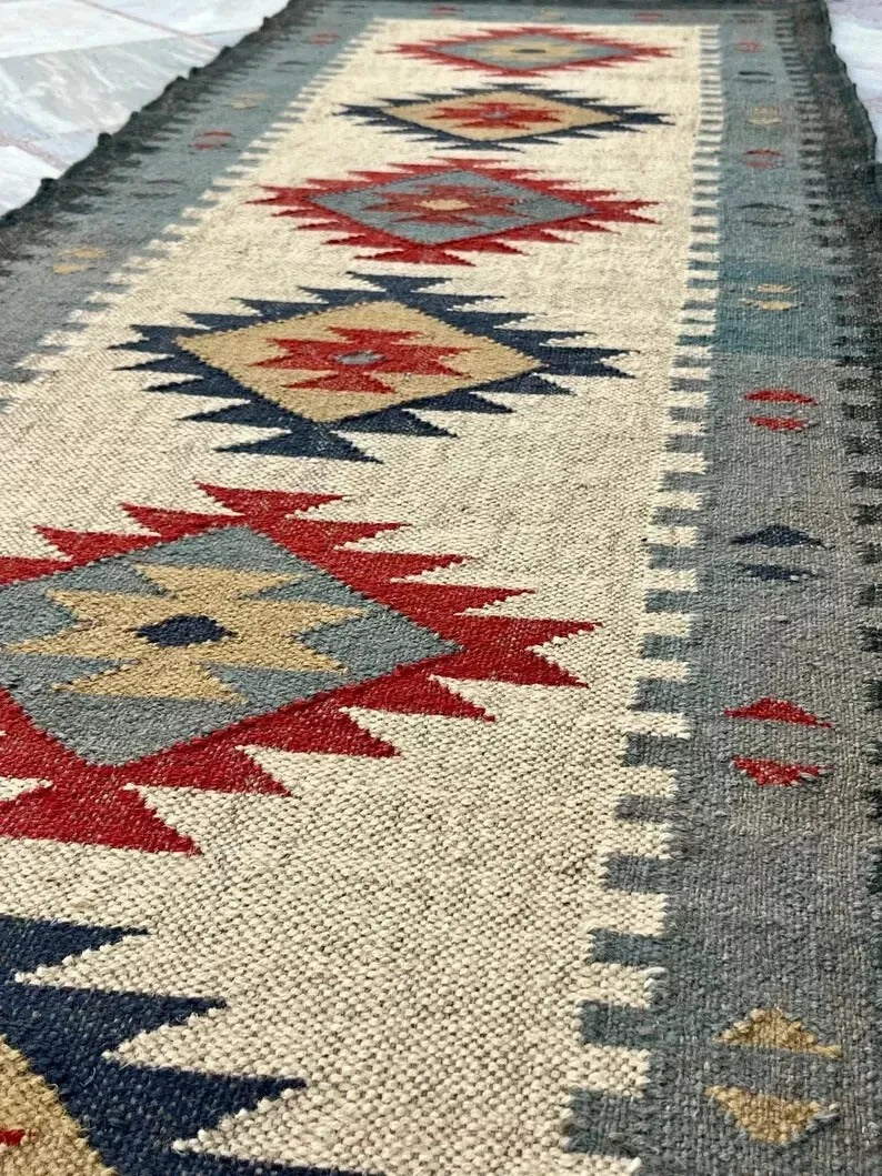 Rectangle Handmade Kilim Wool Jute Rug - Farmhouse Boho Area Carpet-Multicolor Durable Rustic Look Boho Mats
