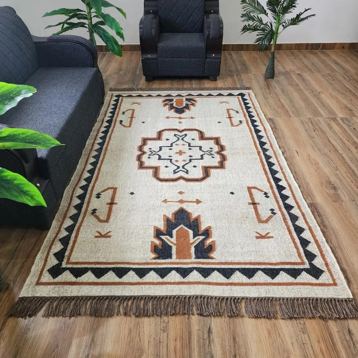 Kilim Durable Rectangle Area Carpet Handmade Jute Rug WoolBoho Farmhouse Rustic Look Mats