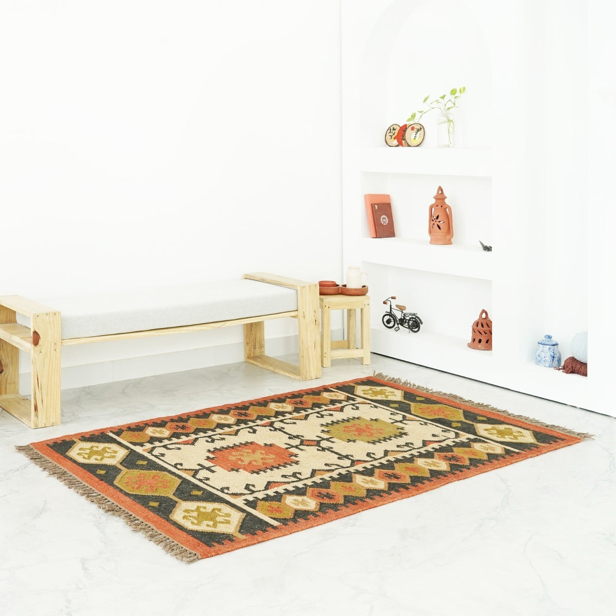 Rectangle Handmade Kilim Wool Jute Rug - Farmhouse Boho Area Carpet-Multicolor Durable Rustic Look Boho Mats