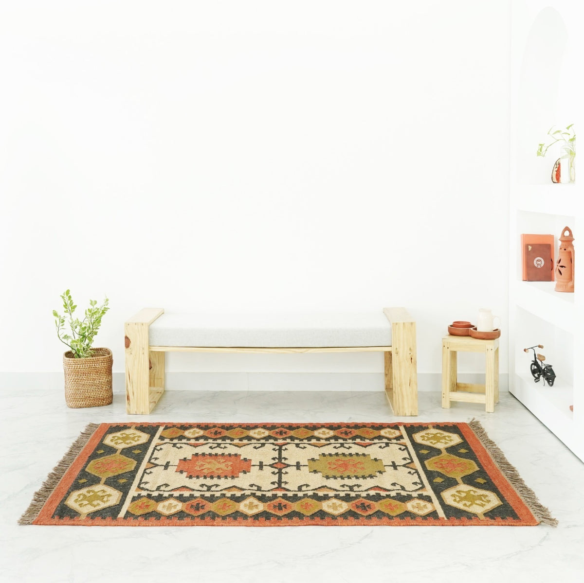 Rectangle Handmade Kilim Wool Jute Rug - Farmhouse Boho Area Carpet-Multicolor Durable Rustic Look Boho Mats