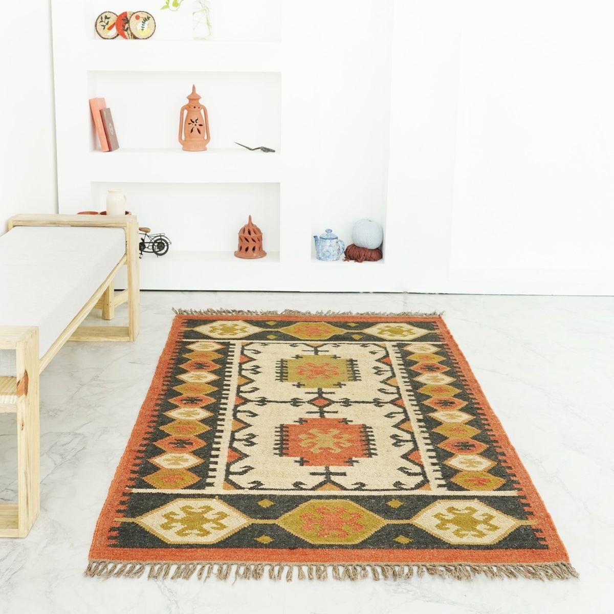 Rectangle Handmade Kilim Wool Jute Rug - Farmhouse Boho Area Carpet-Multicolor Durable Rustic Look Boho Mats