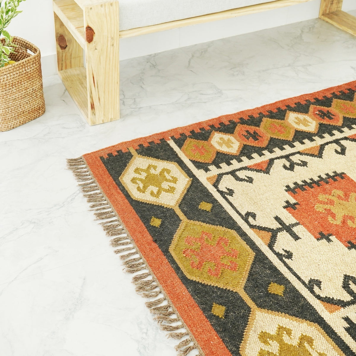 Rectangle Handmade Kilim Wool Jute Rug - Farmhouse Boho Area Carpet-Multicolor Durable Rustic Look Boho Mats