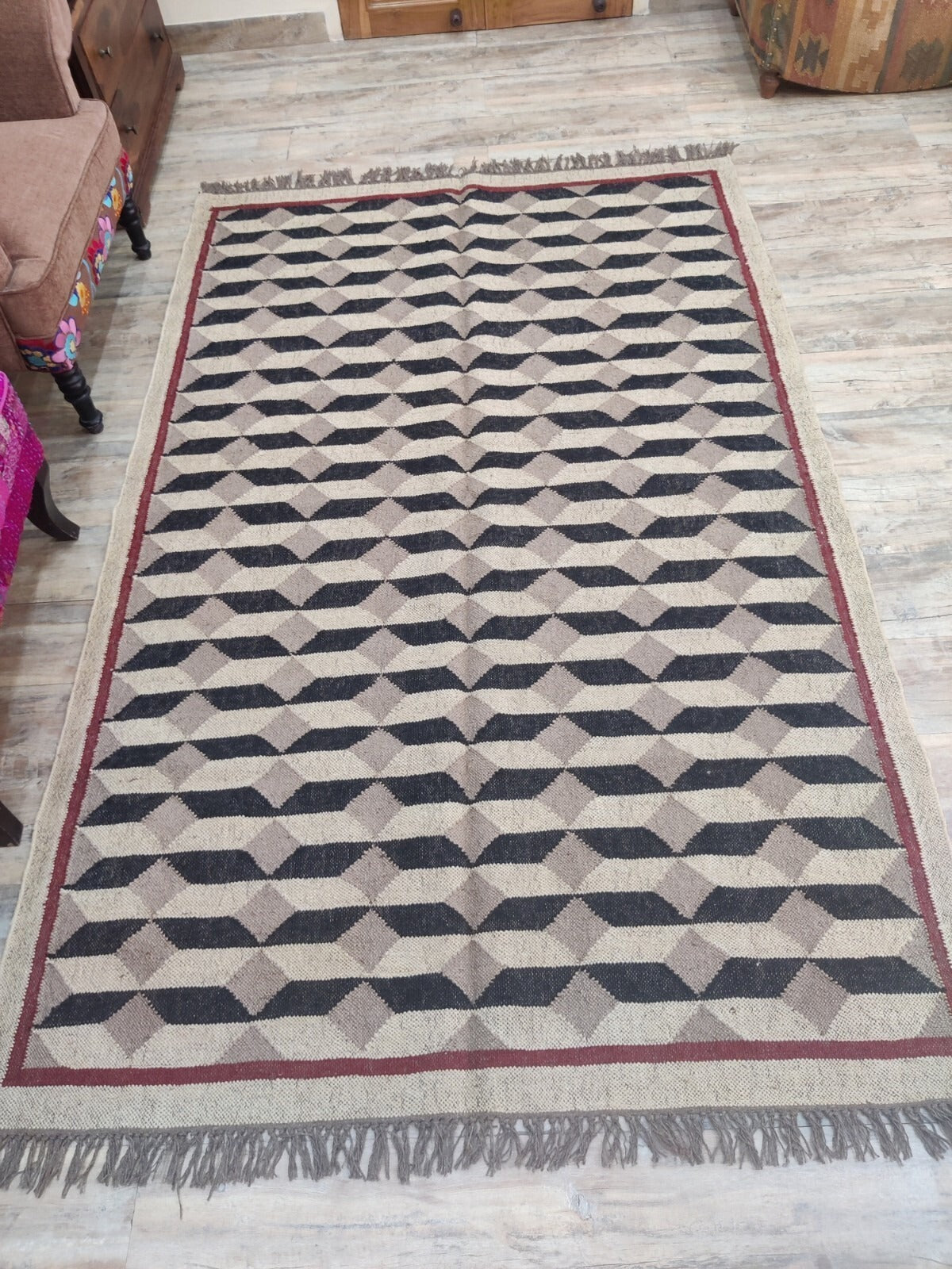 Farmhouse Rectangle Handmade Kilim Wool Jute Rug - Boho Area Carpet-Multicolor Durable Rustic Look Boho Mats