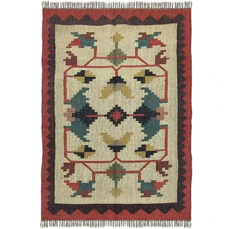 Rustic Look Kilim Wool Jute Natural Rug Area Rug Hand Woven Living Room Carpet for Living Room, Hallway