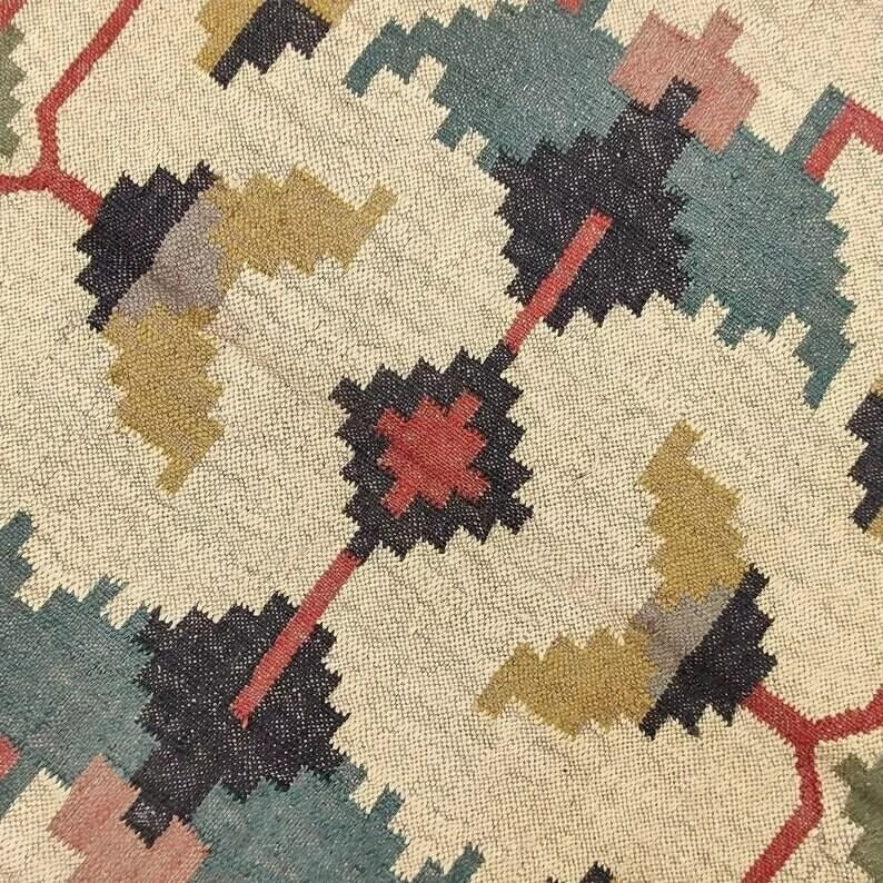 Farmhouse Rectangle Handmade Kilim Wool Jute Rug -Multicolor Durable Rustic Look Boho Mats Boho Area Carpet