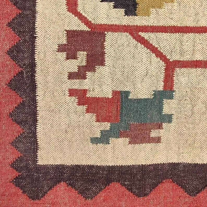 Farmhouse Rectangle Handmade Kilim Wool Jute Rug -Multicolor Durable Rustic Look Boho Mats Boho Area Carpet