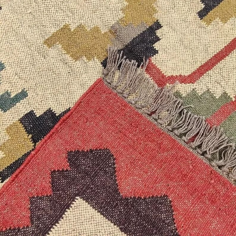 Farmhouse Rectangle Handmade Kilim Wool Jute Rug -Multicolor Durable Rustic Look Boho Mats Boho Area Carpet