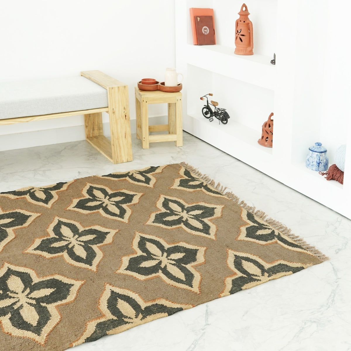 Farmhouse Rectangle Handmade Kilim Wool Jute Rug -Multicolor Durable Rustic Look Boho Mats Boho Area Carpet
