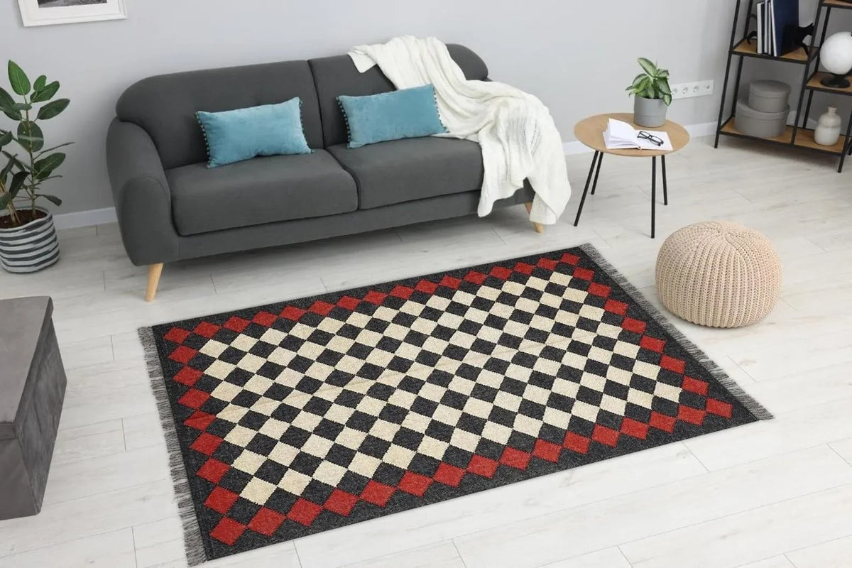 Farmhouse Rectangle Handmade Kilim Wool Jute Rug -Multicolor Durable Rustic Look Boho Mats Boho Area Carpet