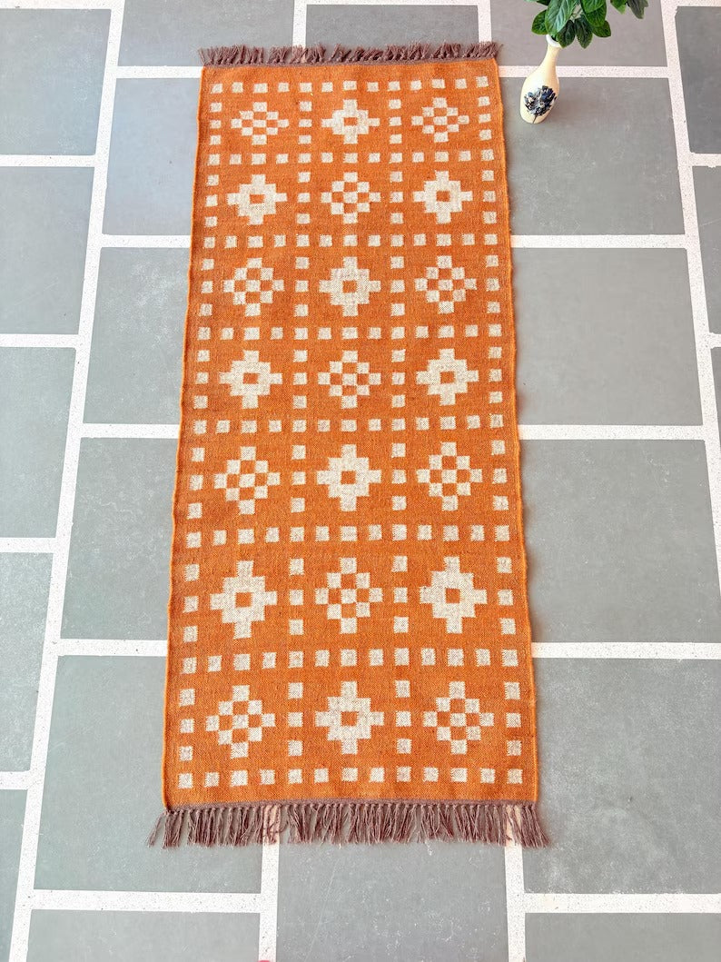 Farmhouse Rectangle Handmade Kilim Wool Jute Rug -Orange Durable Rustic Look Boho Mats Boho Area Carpet