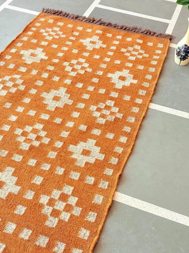 Farmhouse Rectangle Handmade Kilim Wool Jute Rug -Orange Durable Rustic Look Boho Mats Boho Area Carpet