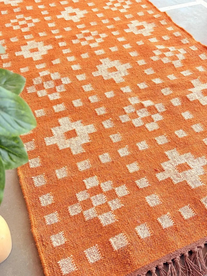 Farmhouse Rectangle Handmade Kilim Wool Jute Rug -Orange Durable Rustic Look Boho Mats Boho Area Carpet